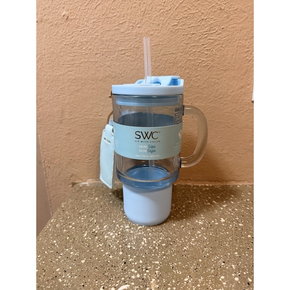 SWC Sip With Color 24oz Glass Tumbler Mug‎ Light Blue Snowflake Pom Pom Keychain